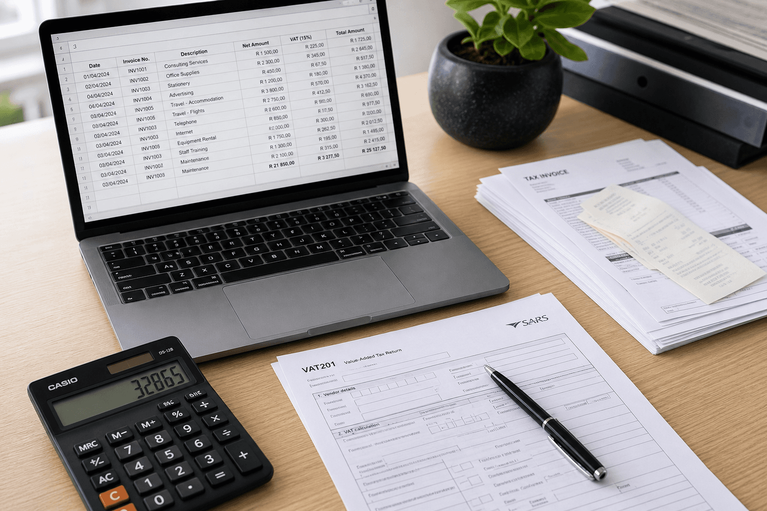 Accountant's desk with laptop spreadsheet, calculator, invoices and VAT forms ready for review