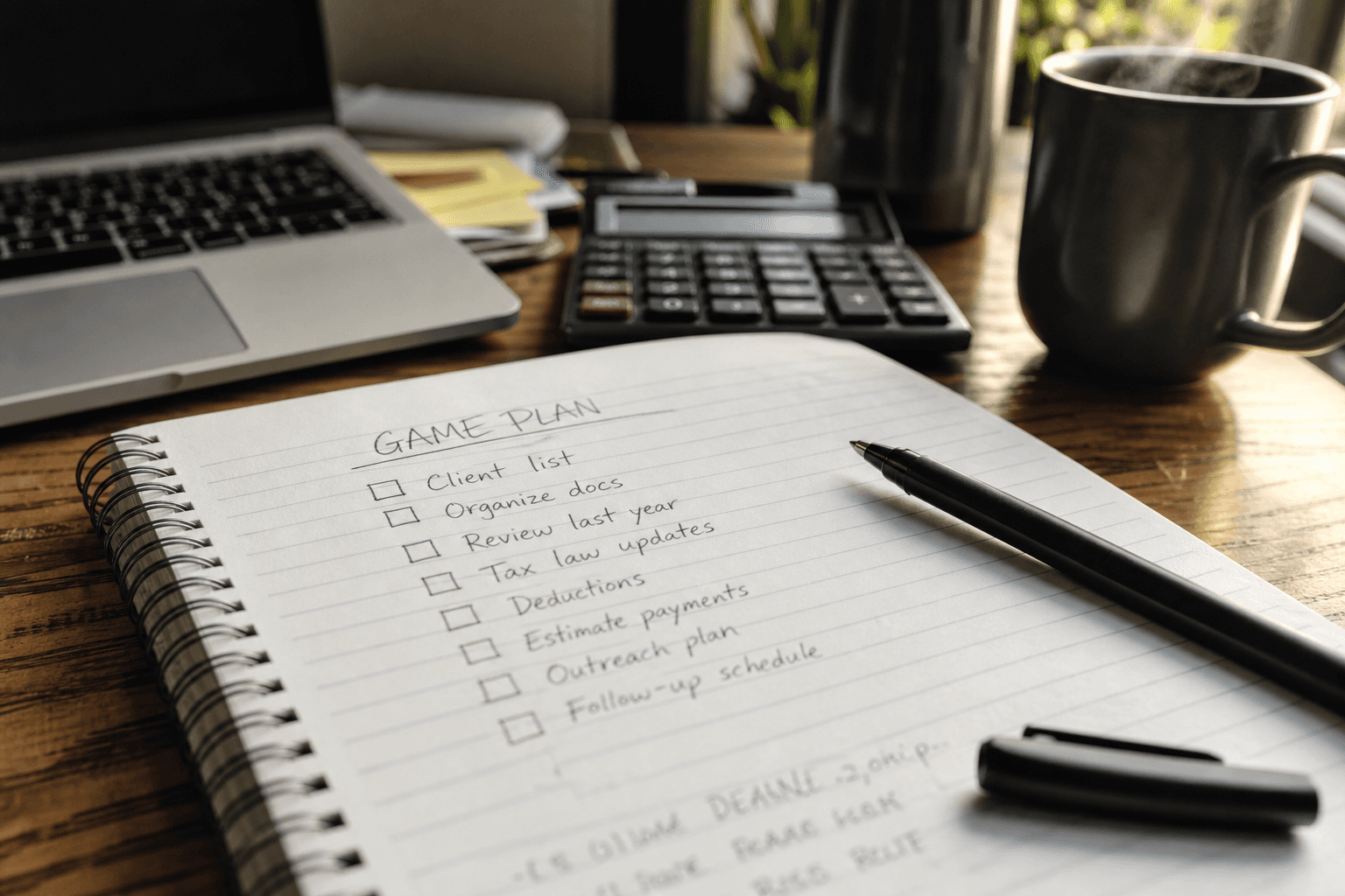 Handwritten game-plan checklist beside a laptop and calculator for VAT deadline prep
