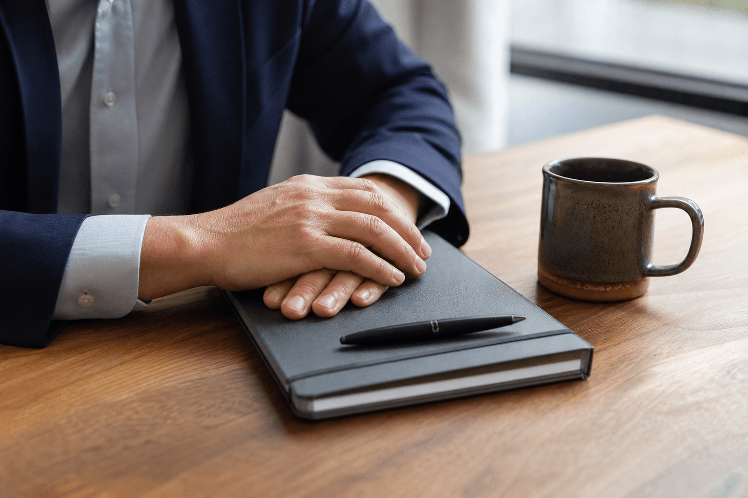 Hands resting on a closed notebook with coffee during a mid-month business check-in