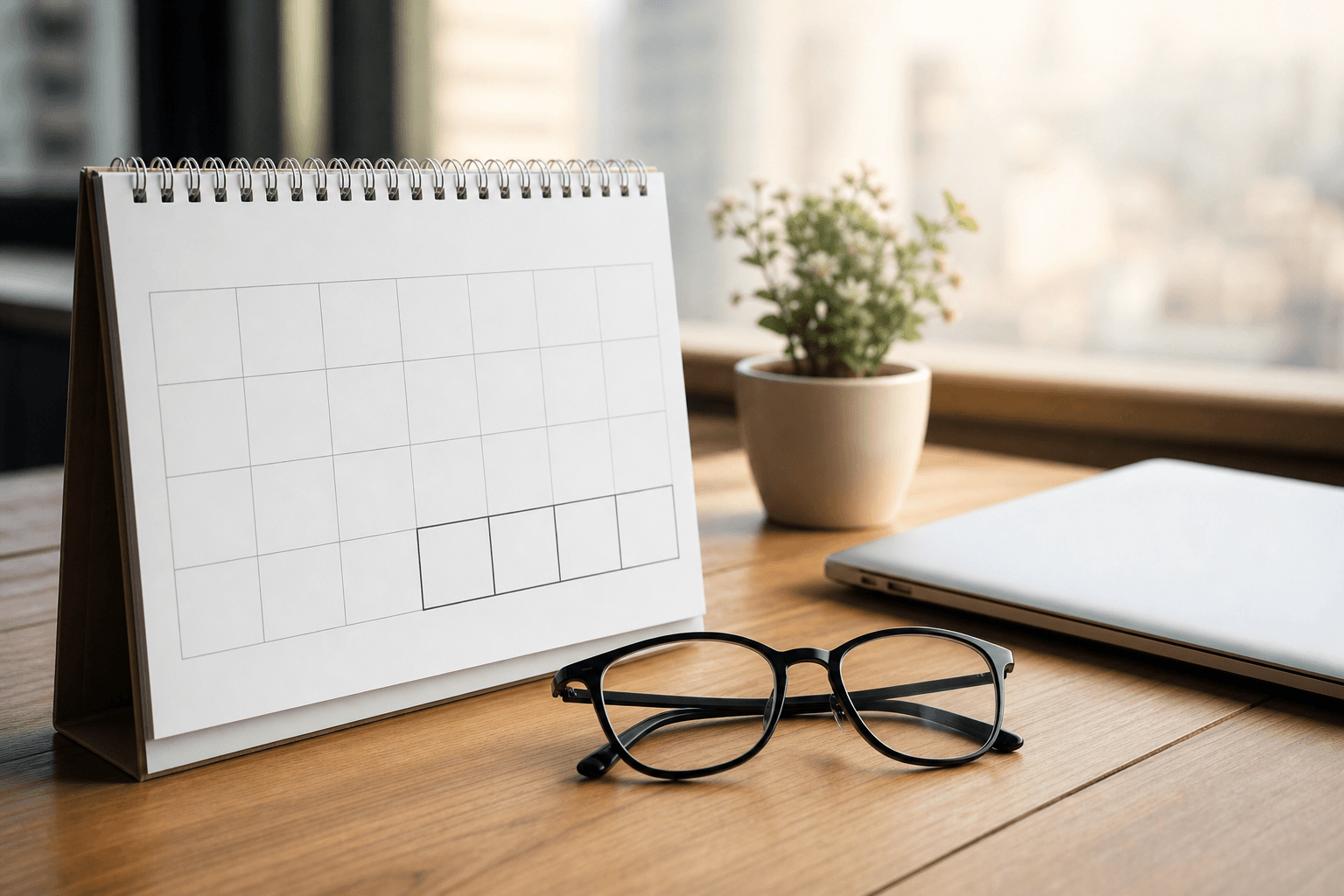 Nearly finished desk calendar with reading glasses and closed laptop as the month winds down