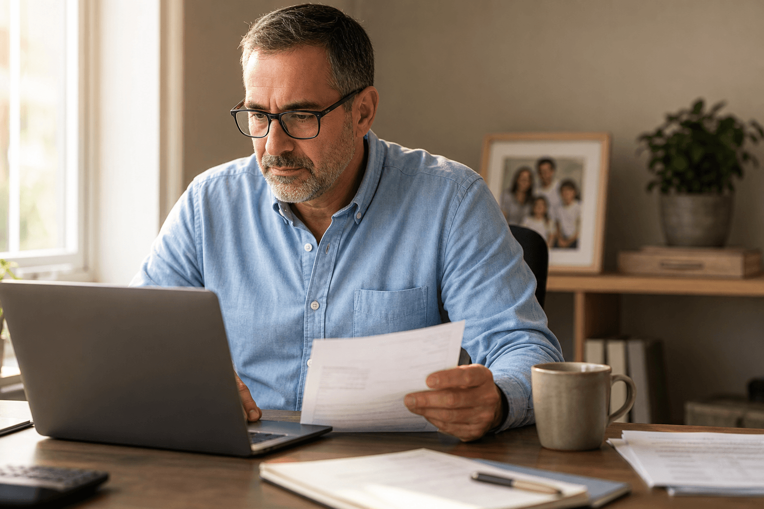 Father reviewing invoices on a laptop at a home office desk with coffee