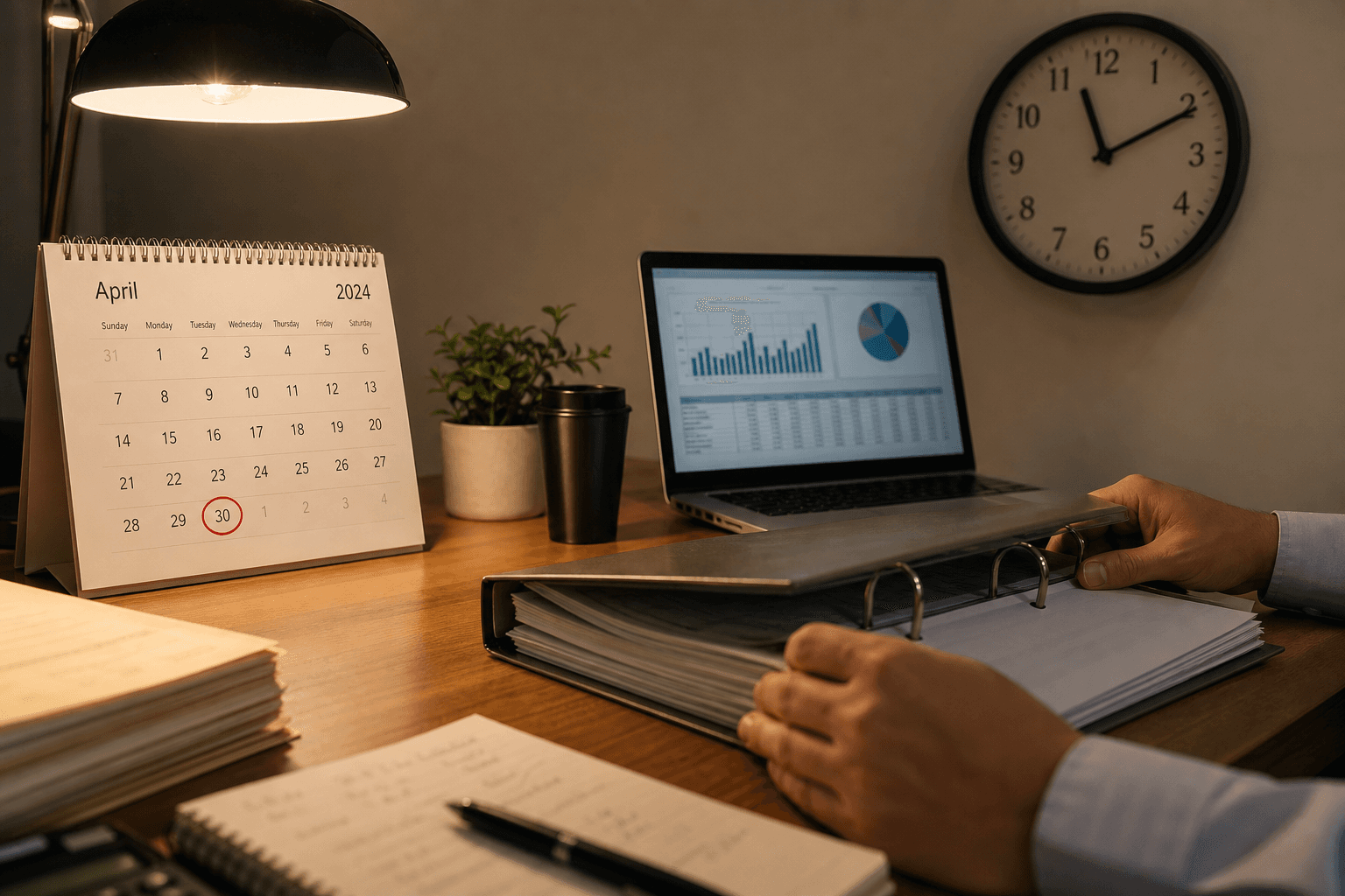 Accountant closing an April binder at month-end with a desk calendar and laptop reports