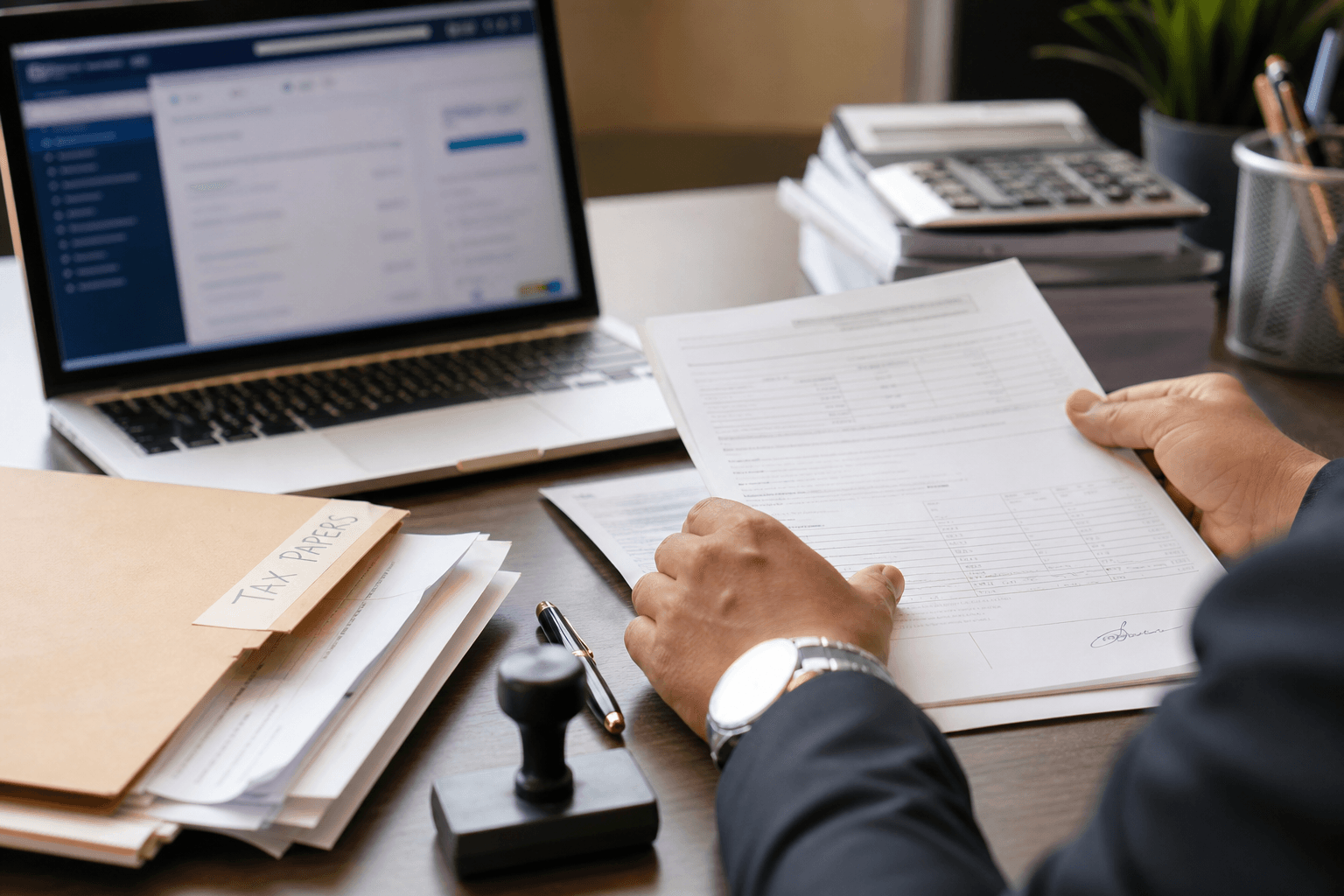 Hands submitting tax documents at a laptop with stamped forms and a filing folder