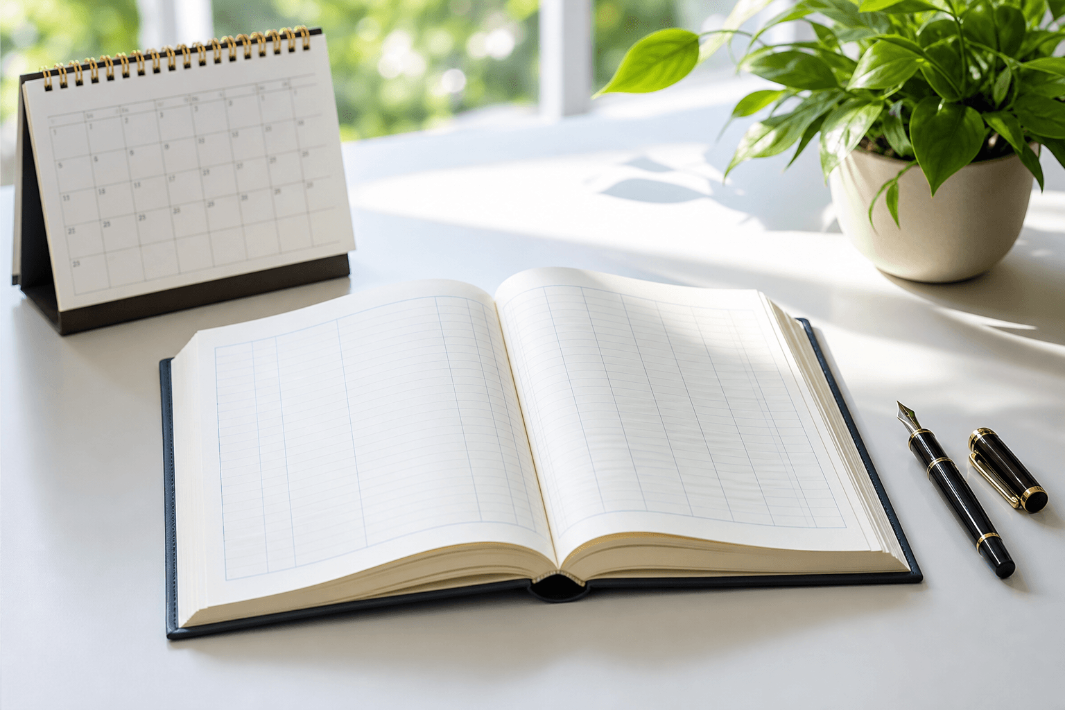 Open blank hardcover ledger with fountain pen and plant symbolizing a new tax year