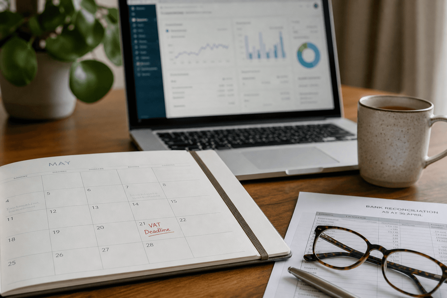 Open desk planner with bank reconciliation printouts and glasses for VAT deadline planning