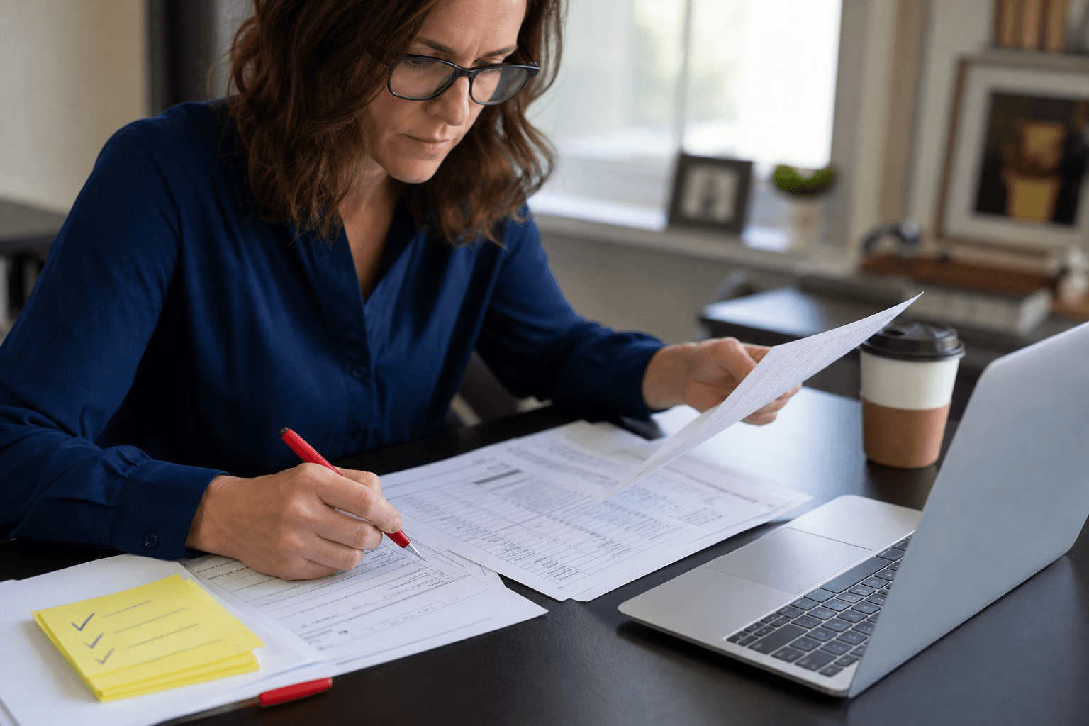 Professional reviewing printed tax returns with a red pen during the final submission week