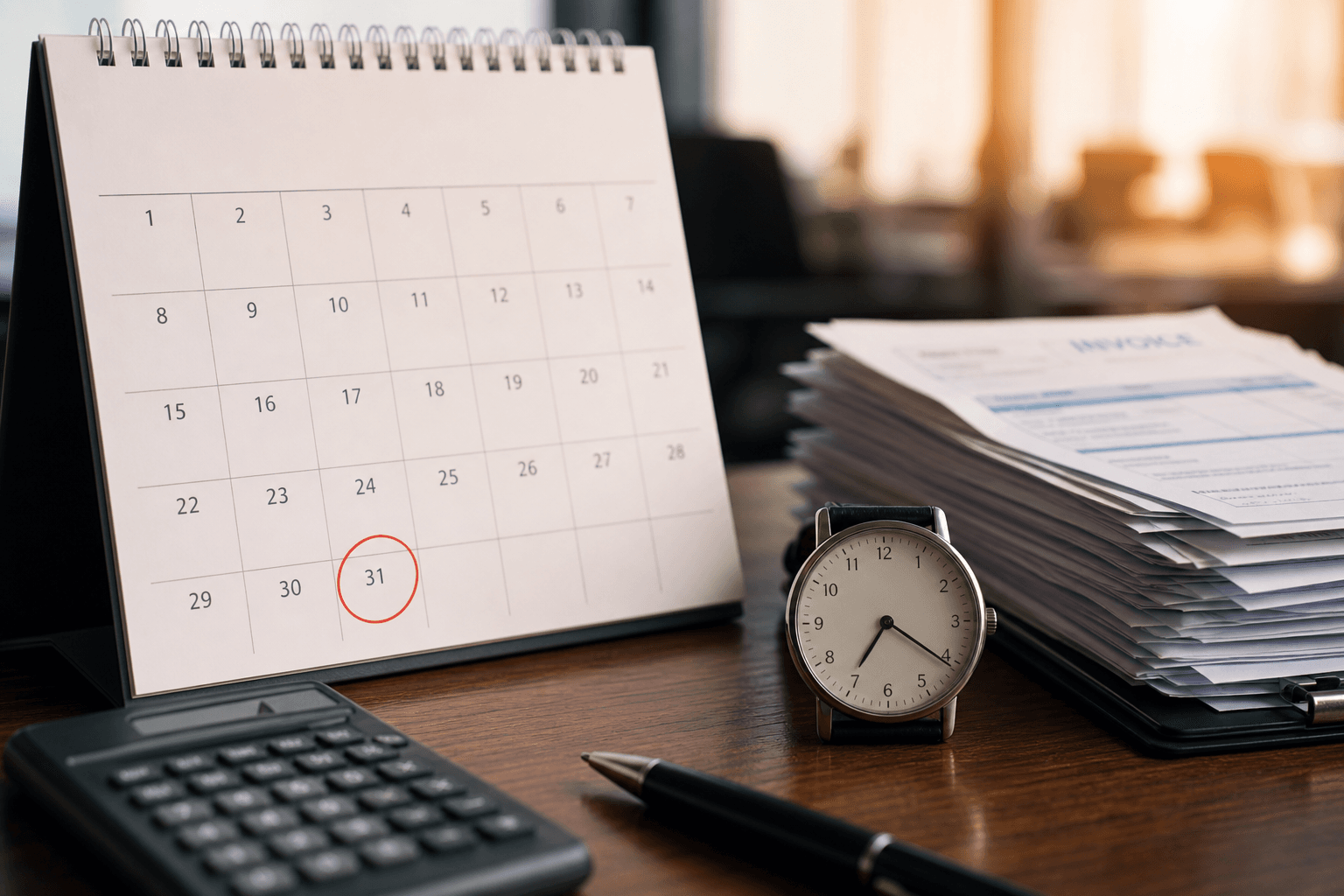Desk calendar with a deadline circled in red beside a watch, calculator and invoices