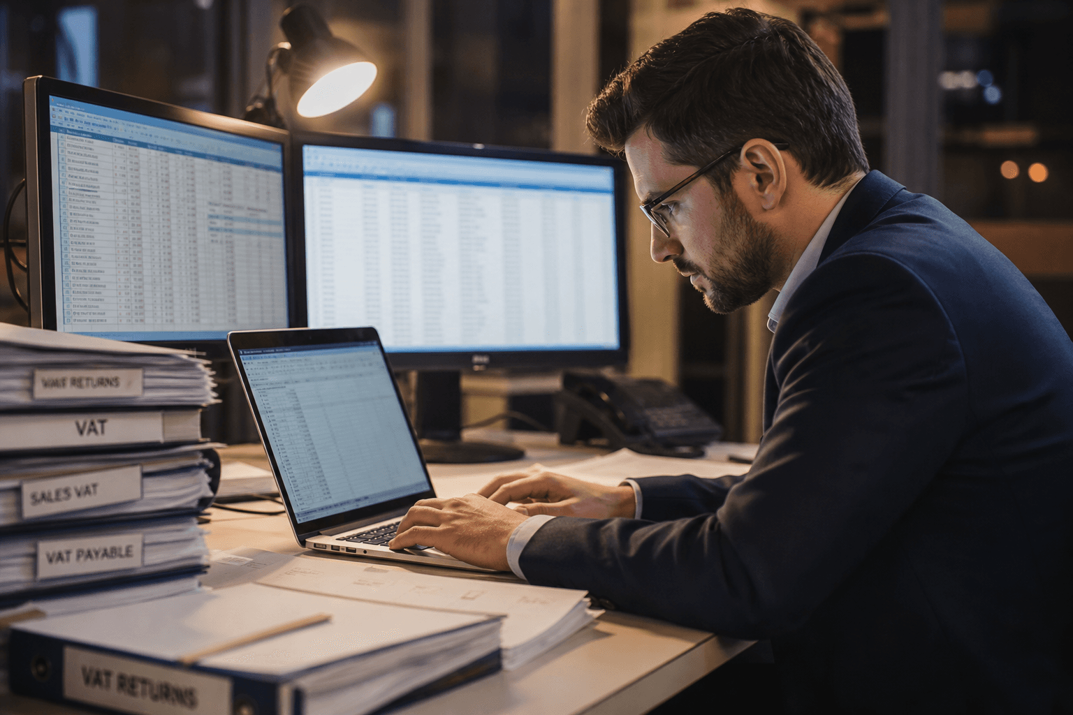 Accountant working late on dual monitors with VAT return folders for the final push
