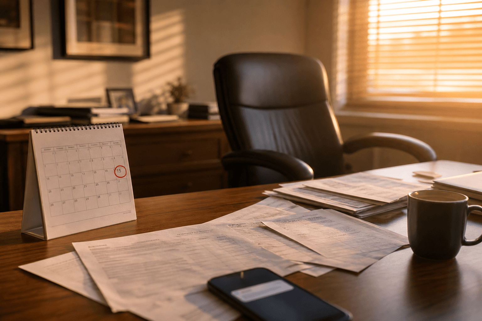 Empty office chair and scattered tax papers after a missed filing deadline