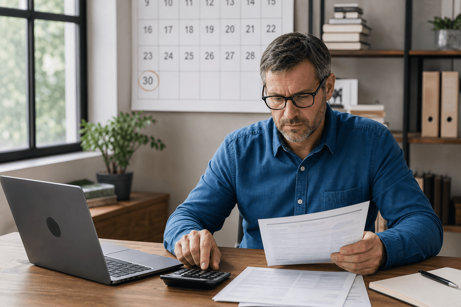 Business owner reviewing month-end financial records with a calendar and bank statements