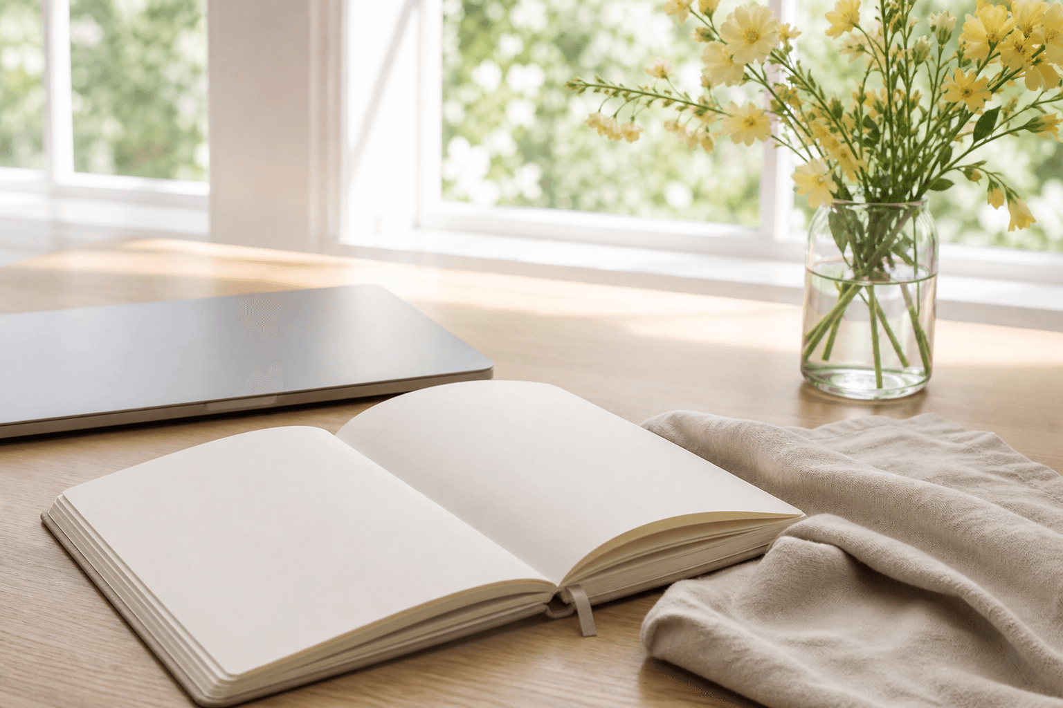 Fresh spring desk with open blank notebook, yellow flowers and morning light for a new month start