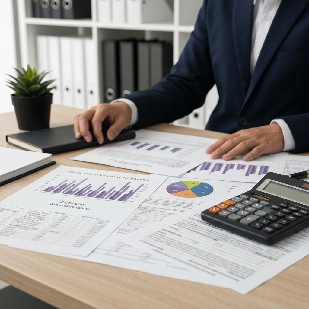 Tax documents showing allowances and deductions with calculator and charts