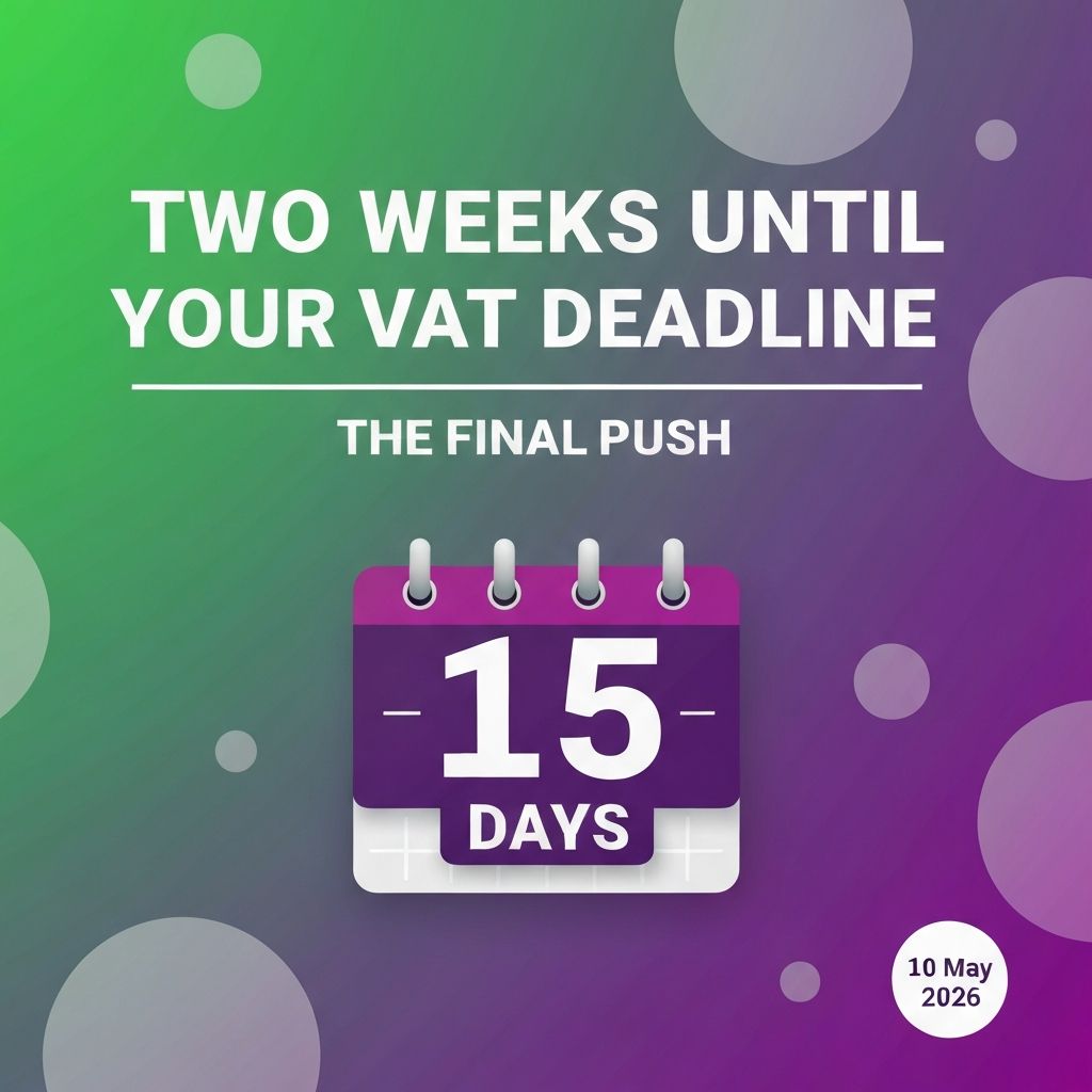 Countdown calendar showing 15 days until the May 25th VAT201 submission deadline